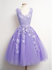 Hot Sale Lavender Lace Up V-neck Appliques Quinceanera Dama Dress Tulle Sleeveless