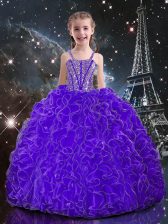  Eggplant Purple Organza Lace Up Child Pageant Dress Sleeveless Floor Length Beading and Ruffles