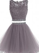  Grey Two Pieces Scoop Sleeveless Tulle Mini Length Zipper Beading and Lace and Appliques 