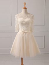 Artistic Scoop Half Sleeves Tulle Dama Dress for Quinceanera Lace and Belt Lace Up