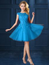  Tulle Bateau Cap Sleeves Lace Up Lace and Belt Dama Dress for Quinceanera in Baby Blue