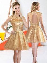 Excellent Champagne Backless Dama Dress for Quinceanera Beading and Lace Sleeveless Knee Length