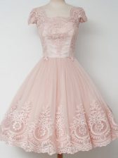  Cap Sleeves Tulle Knee Length Zipper Quinceanera Dama Dress in Peach with Lace