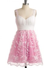 Captivating Straps Sleeveless Dama Dress for Quinceanera Knee Length Lace Rose Pink Lace