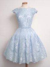 Beautiful Light Blue Cap Sleeves Lace Lace Up Quinceanera Dama Dress for Prom and Party and Wedding Party