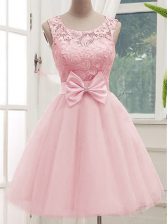  Knee Length Lace Up Damas Dress Baby Pink for Prom and Party and Wedding Party with Lace and Bowknot