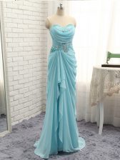  Baby Blue Empire Beading and Ruching Prom Dresses Zipper Chiffon Sleeveless Floor Length