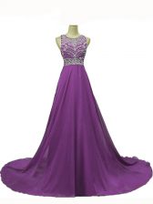  Eggplant Purple Prom Gown Prom and Party with Beading Scoop Sleeveless Brush Train Backless