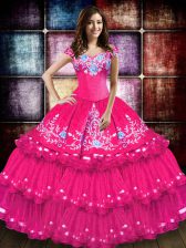  Hot Pink Ball Gowns Embroidery and Ruffled Layers Vestidos de Quinceanera Lace Up Taffeta Sleeveless Floor Length