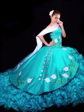 Cheap Aqua Blue Sweet 16 Dresses Military Ball and Sweet 16 and Quinceanera with Embroidery and Ruffles Sweetheart Sleeveless Brush Train Lace Up