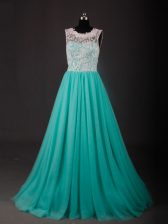  Scoop Sleeveless Prom Dress Sweep Train Lace and Embroidery Turquoise Chiffon