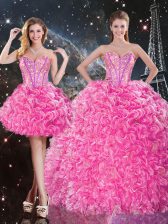 Hot Selling Sleeveless Organza Floor Length Lace Up Sweet 16 Dress in Rose Pink with Beading and Ruffles