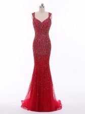  Red Prom Evening Gown Prom and Military Ball and Beach with Beading Straps Sleeveless Zipper