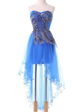 Affordable Blue Tulle Lace Up Sweetheart Sleeveless High Low Prom Evening Gown Appliques