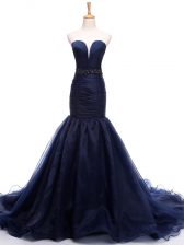 Flare Sleeveless Court Train Beading and Ruching Lace Up Prom Evening Gown