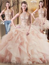  Peach Quinceanera Dress Military Ball and Sweet 16 and Quinceanera with Beading and Ruffles Scoop Sleeveless Brush Train Lace Up