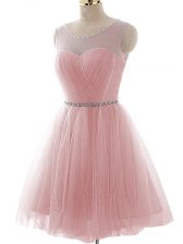 Classical Mini Length Lace Up Prom Evening Gown Pink for Prom and Party and Beach with Beading and Ruching