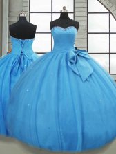 Delicate Baby Blue Ball Gowns Tulle Sweetheart Sleeveless Bowknot Floor Length Lace Up Sweet 16 Dress