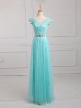 Custom Designed Aqua Blue Tulle and Lace Lace Up V-neck Cap Sleeves Floor Length Prom Gown Beading and Appliques