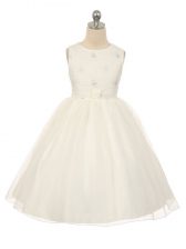  White Tulle Lace Up Little Girls Pageant Dress Sleeveless Knee Length Beading