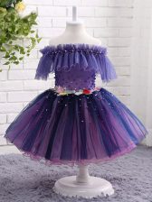  Purple Little Girls Pageant Gowns Wedding Party with Beading and Hand Made Flower Off The Shoulder Short Sleeves Lace Up
