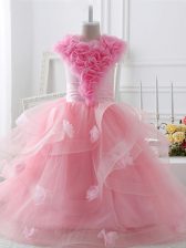  Baby Pink Zipper Party Dress Ruffles and Hand Made Flower Sleeveless Floor Length