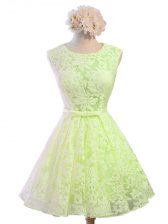  Sleeveless Lace Knee Length Lace Up Court Dresses for Sweet 16 in Yellow Green with Belt