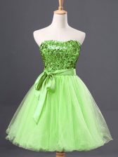 Most Popular Yellow Green Tulle Zipper Prom Dress Sleeveless Mini Length Sashes ribbons and Sequins