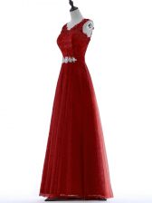  Red Zipper V-neck Beading and Lace Prom Dress Tulle Short Sleeves