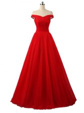 Attractive Sleeveless Tulle Floor Length Lace Up in Red with Ruching