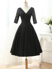 Dazzling Knee Length Black Homecoming Dress Lace Half Sleeves Lace and Appliques
