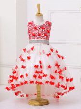  Ball Gowns Kids Formal Wear White And Red Scoop Tulle Sleeveless High Low Zipper