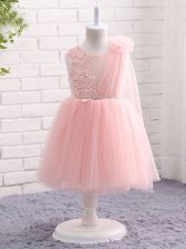 Glittering Baby Pink A-line Scoop Sleeveless Tulle Knee Length Zipper Appliques and Hand Made Flower Flower Girl Dress