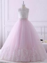  Scalloped Sleeveless Tulle Kids Pageant Dress Lace Brush Train Lace Up