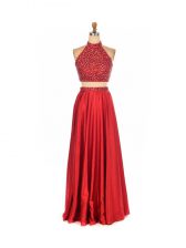 Fabulous Red Sleeveless Floor Length Beading Backless Prom Dresses