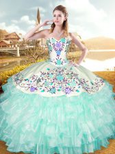 Affordable Floor Length Apple Green Quinceanera Gown Organza and Taffeta Sleeveless Embroidery and Ruffled Layers