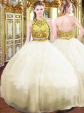  Ball Gowns 15 Quinceanera Dress Champagne Halter Top Tulle Sleeveless Floor Length Zipper