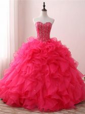  Beading and Ruffles Quince Ball Gowns Hot Pink Lace Up Sleeveless Floor Length