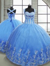 Fancy Baby Blue Sleeveless Tulle Lace Up 15 Quinceanera Dress for Military Ball and Sweet 16 and Quinceanera