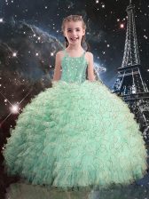  Organza Straps Sleeveless Lace Up Beading and Ruffles Little Girl Pageant Dress in Turquoise