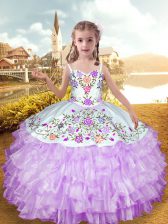  Lilac Straps Lace Up Embroidery and Ruffled Layers Kids Pageant Dress Sleeveless