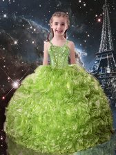  Straps Sleeveless Little Girl Pageant Dress Floor Length Beading and Ruffles Olive Green Organza