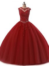 Custom Made Burgundy Ball Gowns Scoop Sleeveless Tulle Floor Length Lace Up Beading and Lace Quinceanera Dresses