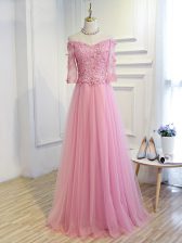 Pink Lace Up Off The Shoulder Beading and Lace and Appliques Dress for Prom Tulle 3 4 Length Sleeve