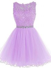 Delicate Sleeveless Mini Length Beading and Lace and Appliques Zipper Prom Party Dress with Lavender