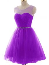  Purple Lace Up Scoop Beading and Ruching Prom Evening Gown Tulle Sleeveless
