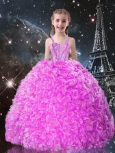 Best Floor Length Lace Up Little Girls Pageant Dress Fuchsia for Quinceanera and Wedding Party with Beading and Ruffles