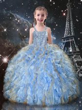 Pretty Straps Sleeveless Lace Up Child Pageant Dress Light Blue Organza
