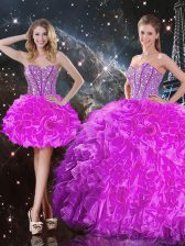  Sleeveless Floor Length Beading and Ruffles Lace Up Sweet 16 Dresses with Fuchsia
