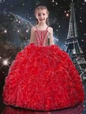 Amazing Coral Red Sleeveless Beading and Ruffles Floor Length Womens Party Dresses